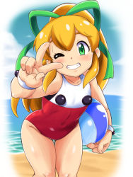 Rule 34 | 1girl, ball, beach, beachball, blonde hair, bracelet, child, day, green eyes, hair ribbon, highres, jewelry, long hair, looking at viewer, mega man (classic), mega man (series), ocean, one-piece swimsuit, one eye closed, outdoors, ponytail, red one-piece swimsuit, ribbon, roll (mega man), sagamimok, sidelocks, sky, smile, solo, swimsuit, thighs, v