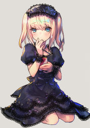Rule 34 | 1boy, androgynous, black dress, blonde hair, blue eyes, blush, chevalier d&#039;eon (fate), dress, fate/grand order, fate (series), frills, goth fashion, gothic lolita, hairband, lolita fashion, lolita hairband, long hair, looking at viewer, male focus, simple background, smile, solo, trap, wanko (takohati8)