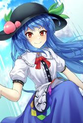 Rule 34 | 1girl, apron, black hat, blue hair, blue skirt, bow, bowtie, breasts, buttons, center frills, closed mouth, commentary request, food, frilled shirt collar, frills, fruit, hat, highres, hinanawi tenshi, long hair, peach hat ornament, puffy short sleeves, puffy sleeves, rainbow gradient, rainbow order, red bow, red bowtie, red eyes, shirt, short sleeves, skirt, small breasts, smile, solo, touhou, v-shaped eyebrows, waist apron, white apron, white shirt, yosshy