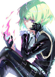 Rule 34 | 1boy, androgynous, closed mouth, crossed legs, ekita kuro, fire, frilled sleeves, frills, gloves, green hair, half gloves, hand on own chin, high collar, highres, lio fotia, looking at viewer, male focus, promare, purple eyes, short hair, sidelocks, simple background, solo, stroking own chin, white background