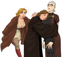 Rule 34 | 3girls, anakin skywalker, black tunic, boots, breasts, brown eyes, brown footwear, brown hair, brown pants, brown robe, cleavage, closed eyes, count dooku, flick-the-thief, genderswap, genderswap (mtf), grey hair, hug, large breasts, looking at another, medium hair, multiple girls, obi-wan kenobi, open mouth, pants, robe, simple background, smile, star wars, teeth, tunic, upper teeth only, white background, white tunic