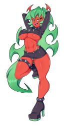 Rule 34 | 1girl, absurdres, arms behind head, boots, breasts, colored skin, covered erect nipples, crop top, demon girl, fangs, full body, green eyes, green hair, high heel boots, high heels, highres, horns, large breasts, long hair, long sleeves, matching hair/eyes, mehdrawings, midriff, miniskirt, navel, open mouth, panty &amp; stocking with garterbelt, red skin, scanty (psg), skirt, slit pupils, smile, solo, standing, standing on one leg, teeth, thighlet, thong, tongue, transparent background, underboob, upper teeth only, upskirt, very long hair