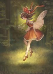 Rule 34 | 1girl, bad id, bad pixiv id, brown hair, detached sleeves, forest, from side, full body, gohei, hair ribbon, hair tubes, hakurei reimu, highres, japanese clothes, landscape, long hair, long sleeves, mary janes, md5 mismatch, miko, nature, okakan, outdoors, ponytail, profile, ribbon, shirt, shoes, skirt, skirt set, socks, solo, touhou, white socks, wide sleeves