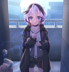 Rule 34 | 1girl, backpack, bag, black coat, black shorts, blue eyes, building, cevio, choker, ci flower, city, clenched hands, coat, collarbone, commentary, cowboy shot, day, doorway, flower (vocaloid), grey shirt, hand on own chest, headphones, highres, kisalaundry, layered shirt, lens flare, light blush, looking at viewer, master (vocaloid), multicolored hair, opening door, pov, pov doorway, pov hands, purple hair, shirt, short hair, shorts, standing, streaked hair, surprised, sweat, tile floor, tiles, vocaloid, white hair, white shirt, wide-eyed
