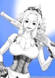 Rule 34 | 1girl, breasts, cleavage, eating, eyewear on head, female focus, food in mouth, freckles, ginny (one piece), highres, holding, holding weapon, large breasts, looking at viewer, medium hair, midriff, monochrome, nel-zel formula, no bra, one piece, simple background, smile, solo, twitter username, weapon, white background, wide hips