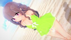 Rule 34 | 1girl, 3d, artist request, beach, brown hair, digimon, digimon ghost game, female focus, highres, long hair, looking at viewer, one-piece swimsuit, pink eyes, solo, swimsuit, swimsuit skirt, tsukiyono ruli