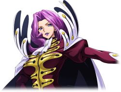 Rule 34 | 1girl, arm up, artist request, ascot, breasts, cape, coat, code geass, code geass: lost stories, cornelia li britannia, female focus, forehead, game cg, gloves, hair intakes, happy, high collar, highres, juliet sleeves, large breasts, lipstick, long hair, long sleeves, looking at viewer, makeup, military uniform, non-web source, official art, outstretched arm, parted lips, puffy sleeves, purple eyes, purple hair, purple lips, red coat, sidelocks, smile, solo, standing, teeth, uniform, upper body, v-shaped eyebrows, white ascot, white cape, white gloves