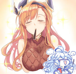 Rule 34 | 10s, 2girls, :d, ahoge, bare shoulders, blush, breasts, closed eyes, food, food in mouth, granblue fantasy, hairband, headgear, imagining, incoming pocky kiss, large breasts, long hair, mouth hold, multiple girls, nose blush, okitakung, open mouth, orange hair, pocky, sidelocks, silva (granblue fantasy), smile, tweyen (granblue fantasy), sparkle, steaming body, upper body, yuri