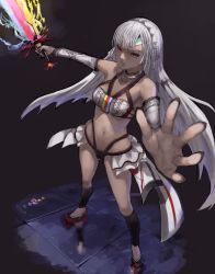 Rule 34 | 10s, 1girl, absurdres, altera (fate), black legwear, breasts, dark skin, dark-skinned female, detached sleeves, fate/extella, fate/extra, fate/grand order, fate (series), geureong geureong, high heels, highres, holding, holding sword, holding weapon, midriff, nail polish, navel, photon ray (fate), red eyes, small breasts, solo, sword, veil, weapon, white hair