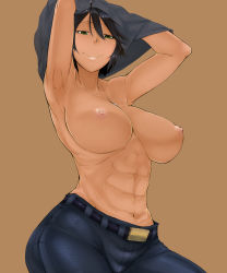Rule 34 | 1girl, abs, armpits, arms up, bakuya, belt, black hair, breasts, brown background, chequita, denim, dog tags, green eyes, highres, huge breasts, jeans, jormungand (manga), light areolae, looking down, muscular, navel, nipples, pants, shirt over head, short hair, simple background, smile, solo, tan, tomboy, topless
