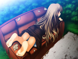 Rule 34 | 1girl, barefoot, broiler, brown hair, brown upholstery, couch, dress, feet, female focus, foreshortening, grass, long hair, looking back, lying, nature, on stomach, original, outdoors, purple eyes, soles, solo, toes