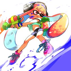 Rule 34 | 1girl, bike shorts, black shorts, blunt bangs, closed mouth, commentary request, full body, green shirt, headphones, holding, holding weapon, ink tank (splatoon), inkling, inkling girl, inkling player character, long hair, mebae, midriff, monster girl, navel, nintendo, orange hair, paint, paint splatter, pointy ears, purple footwear, shirt, shoes, shorts, sneakers, solo, splatoon (series), splatoon 1, splattershot (splatoon), standing, super soaker, t-shirt, tentacle hair, weapon, white background, wince