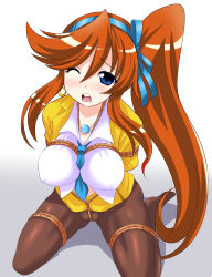 Rule 34 | 1girl, absurdres, ace attorney, athena cykes, bdsm, blue eyes, blue necktie, bondage, bound, bound arms, breast bondage, breasts, brown hair, capcom, covered erect nipples, crotch rope, earrings, frogtie, hairband, highres, jewelry, konno tohiro, large breasts, long hair, necklace, necktie, no panties, open mouth, pantyhose, phoenix wright: ace attorney - dual destinies, rope, seiza, side ponytail, simple background, sitting, skirt, solo, very long hair, white background, wince, yellow skirt