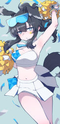 Rule 34 | 1girl, absurdres, animal ears, arm up, armpits, bangle, bare arms, bare shoulders, black hair, blue archive, blue eyes, blush, bracelet, breasts, cheering, cheerleader, confetti, crop top, dog ears, dog girl, dog tail, eyewear on head, goggles, goggles on head, halo, hibiki (blue archive), hibiki (cheer squad) (blue archive), highres, holding, jewelry, long hair, looking at viewer, medium breasts, midriff, millennium cheerleader outfit (blue archive), navel, official alternate costume, open mouth, pom pom (cheerleading), ponytail, skirt, sleeveless, solo, standing, star sticker, stomach, sunglasses, tail, text print, thigh gap, ubo (dbsgurdbsk), white skirt, yellow halo