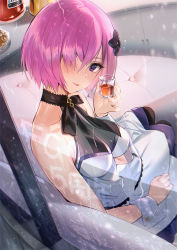 Rule 34 | 1girl, alcohol, bare shoulders, black ribbon, blush, breasts, collarbone, commentary, cuffs, cup, dress, drinking glass, fate/grand order, fate (series), glass writing, hair ornament, hair over one eye, head tilt, highres, lipstick, looking at viewer, makeup, mash kyrielight, mash kyrielight (under the same sky), medium breasts, mhk (mechamania), official alternate costume, pink hair, purple eyes, rain, ribbon, short hair, shot glass, sitting, under the same sky, window