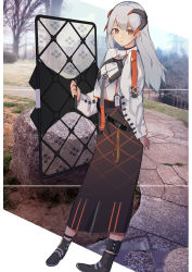 Rule 34 | 1girl, absurdres, anklet, arknights, belt, black footwear, black skirt, boots, building, closed mouth, commentary, crop top, dragon horns, earrings, full body, grass, high-waist skirt, highres, holding, holding shield, horns, id card, jewelry, long hair, long skirt, long sleeves, looking at viewer, murumi, orange eyes, park, photo background, rock, saria (arknights), shield, shirt, silver hair, skirt, solo, standing, stud earrings, tree, white shirt