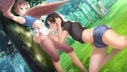 Rule 34 | 1futa, 1girl, 2boys, absurdres, black hair, black shirt, blouse, blue eyes, blue hair, blue shorts, blue tank top, blush, breasts, brown hair, bush, calum (existence), commentary, completely nude, covering own mouth, english commentary, erection, existence, feathered wings, feathers, fellatio, forest, futa on male, futa with male, futanari, game cg, green eyes, hair between eyes, hand on another&#039;s head, harpy, highres, kari (existence), kneeling, lamia, looking at another, midriff, miniskirt, monster girl, multicolored hair, multiple boys, nature, nude, open fly, oral, outdoors, penis, precum, public indecency, scenery, shirt, short hair, shorts, skirt, standing, streaked hair, sunlight, tank top, trap, tree, uosaasou, white skirt, winged arms, wings