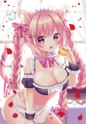 Rule 34 | 1girl, :d, animal ears, apron, bandeau, bikini, bow, bowtie, braid, breasts, cat ears, cat girl, cat tail, cleavage, cowboy shot, detached collar, detached sleeves, fang, food, frills, hair bow, hair ornament, hairclip, hamico, hand up, highres, holding, large breasts, long hair, looking at viewer, maid, maid apron, maid bikini, maid headdress, midriff, open mouth, original, petals, pink eyes, pink hair, ribbon, smile, solo, swimsuit, tail, tail ornament, tail ribbon, twin braids, twintails, unconventional maid, waist apron, wrist cuffs