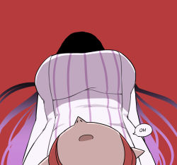 Rule 34 | 2girls, breasts, commentary, dress, from below, highres, koakuma, large breasts, long hair, looking up, mata (matasoup), multiple girls, open mouth, patchouli knowledge, pointy ears, pointy nose, purple hair, red background, sexually suggestive, shaded face, shadow, simple background, speech bubble, striped clothes, striped dress, touhou, very long hair