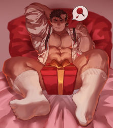 Rule 34 | 1boy, abs, absurdres, arm behind head, bara, beard, beckoning, box, brown hair, candy, chest hair, cigarette, come hither, convenient censoring, facial hair, feet, food, full body, gift, gift box, guoguo, highres, large pectorals, leg hair, lollipop, long sideburns, male focus, mature male, mononobe kyoma, multicolored hair, muscular, muscular male, naked shirt, necktie, old, old man, pectoral cleavage, pectorals, presenting, seductive smile, shirt, short hair, sideburns, smile, socks, solo, stomach, streaked hair, stubble, thick eyebrows, thick thighs, thighs, toes, tokyo houkago summoners, undone necktie, white hair, wrinkled skin