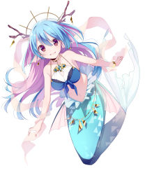 Rule 34 | 1girl, absurdres, antlers, blue hair, bracelet, brown eyes, fins, fish tail, floating hair, front-tie top, full body, highres, horns, jewelry, long hair, looking at viewer, mermaid, monster girl, multicolored hair, navel, open mouth, personification, pink hair, prius! impossible girls, simple background, solo, streaked hair, tail, triangular silhouette, umiko (munemiu), white background