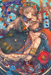 Rule 34 | 1girl, animal, animal ears, blue dress, blush, brown eyes, brown hair, camellia, cha goma, chinese zodiac, dog, dog ears, dog tail, dress, facial mark, flower, highres, holding, holding animal, legs together, long hair, looking at viewer, nengajou, new year, open mouth, original, petals, red flower, shiba inu, sidelocks, sitting, smile, solo, tail, traditional clothes, whisker markings, year of the dog