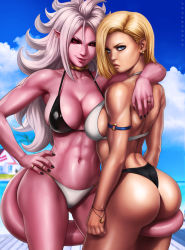 Rule 34 | 2girls, alternate costume, android 18, android 21, arm around neck, ass, back, between legs, bikini, black bikini, black nails, black sclera, black vs white, blonde hair, blue eyes, blue sky, bracelet, breasts, cleavage, closed mouth, colored sclera, colored skin, curvy, dandon fuga, day, dragon ball, dragon ball fighterz, dragonball z, earrings, female focus, hand on own hip, holding, holding with tail, hoop earrings, hug, interspecies, jewelry, large breasts, lips, long hair, looking at viewer, looking back, majin android 21, monster girl, multiple girls, nail polish, navel, neck ring, outdoors, pink skin, pinup (style), pointy ears, prehensile tail, red eyes, ring, serious, shiny skin, short hair, sideboob, silver hair, sky, smile, standing, stomach, swimsuit, tail, tail between legs, tail wrap, thong bikini, toned, very long hair, white bikini