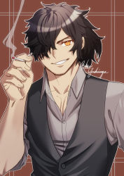 Rule 34 | 1boy, black hair, collarbone, commentary request, fate/grand order, fate (series), hair over one eye, highres, holding, koha-ace, long hair, long sleeves, male focus, okada izou (fate), open mouth, ponytail, smile, solo, yellow eyes, yoshinaga haru