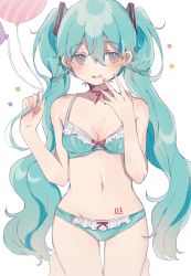 Rule 34 | 1girl, aqua bra, aqua hair, aqua panties, balloon, bare arms, bare shoulders, barefoot, blue eyes, blush, bra, braid, breasts, cleavage, collarbone, frilled bra, frilled panties, frills, groin, hair between eyes, hair ornament, hands up, hatsune miku, heart, heremia, highres, holding, holding balloon, kneeling, long hair, looking at viewer, medium breasts, navel, neck ribbon, number tattoo, panties, red ribbon, ribbon, simple background, smile, solo, stomach, tareme, tattoo, thigh gap, underwear, underwear only, very long hair, vocaloid, white background