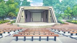 Rule 34 | bench, blue sky, brick road, bush, cloud, day, film grain, game cg, izumi tsubasu, no humans, non-web source, official art, outdoors, re:stage!, sky, stage, stairs, theater, theater seating, tree