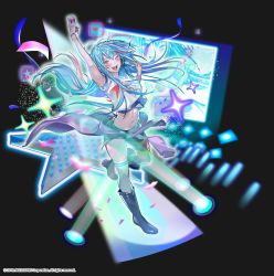 Rule 34 | 1girl, absurdres, audience, blue hair, boots, breasts, clothes around waist, concert, cropped shirt, fang, fang out, glowstick, hero cantare, highres, holding, holding microphone, idol, jacket, jacket around waist, leenim, long hair, microphone, multicolored hair, navel, official art, one eye closed, open mouth, pink hair, rockcrawler, shirt, short shorts, shorts, smile, socks, socks over thighhighs, solo, sparks, stage, stage lights, stomach, sweat, teeth, v, very long hair, white shirt, wristband