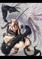 Rule 34 | 1girl, ass, bad id, bad pixiv id, bare legs, bare shoulders, bleeding, blood, blue eyes, blue hair, chain, dragon, elbow gloves, fingerless gloves, from behind, gloves, highres, injury, katana, letterboxed, long hair, looking back, matching hair/eyes, monster, original, shugami, single wing, solo, squatting, sword, tattoo, tongue, very long hair, weapon, wings, zipper