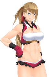 Rule 34 | 1girl, 23 (real xxiii), blonde hair, blue eyes, breasts, cleavage, fingerless gloves, gloves, hair ribbon, hand on own hip, large breasts, legs, long hair, looking at viewer, navel, ponytail, ribbon, simple background, smile, solo, standing, thighs, white background, wrestle fight girls