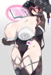 Rule 34 | 1girl, ?, absurdres, black hair, black hat, black thighhighs, blush, book, breasts, brown hair, choker, cleavage, collarbone, cowboy shot, curvy, dress, earrings, eyepatch, gloves, hair over one eye, hat, heart, highres, huge areolae, huge breasts, huge nipples, jewelry, konoshige (ryuun), lace, lactation, lactation through clothes, large areolae, long hair, magic, no panties, one breast out, original, parted lips, pelvic curtain, pink eyes, puffy nipples, pussy juice, pussy juice stain, shiny clothes, shiny skin, solo, speech bubble, spell, standing, strapless, strapless dress, sweat, thick thighs, thighhighs, thighs, very long hair, wide hips, witch, witch (konoshige), witch hat