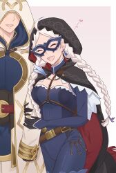 Rule 34 | 1boy, 1girl, ahoge, arm hug, black gloves, black hood, blue bodysuit, bodysuit, braid, breasts, chain, chest harness, closed eyes, commission, commissioner upload, couple, crystal earrings, earrings, eye mask, faceless, faceless male, feathers, fire emblem, fire emblem fates, fire emblem heroes, gloves, gold chain, hair ribbon, harness, heart, hetero, highres, jewelry, key, keyring, kiran (fire emblem), kiran (male) (fire emblem), leather belt, long hair, low twin braids, medium breasts, nina (fire emblem), nina (thief) (fire emblem), nintendo, non-web source, o-ring, official alternate costume, open mouth, parted bangs, ribbon, smile, teeth, turtleneck, twin braids, two-sided fabric, upper teeth only, witchi