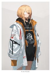 Rule 34 | 1girl, arms at sides, blonde hair, chain, closed mouth, clothes writing, coat, cowboy shot, eyepatch, grey background, heavily armed high school girls, highres, hood, hood down, hoodie, long sleeves, looking at viewer, medical eyepatch, neco, one eye covered, open clothes, open coat, original, red eyes, san (heavily armed high school girls), short hair, sidelocks, sleeves past fingers, sleeves past wrists, solo, white coat