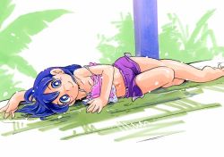 Rule 34 | 1girl, arm up, barefoot, camisole, feet, hoshino fuuta, legs, long hair, looking at viewer, lying, midriff, navel, on side, original, outdoors, pink camisole, purple eyes, purple hair, purple shorts, short shorts, shorts, smile, solo, thighs, toes