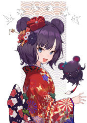 Rule 34 | 1girl, absurdres, animal ears, animal print, blue eyes, blush, breasts, butterfly print, calligraphy brush, double bun, fate/grand order, fate (series), floral print, flower, hair bun, hair flower, hair ornament, hairpin, highres, japanese clothes, katsushika hokusai (fate), kimono, long sleeves, looking at viewer, mouse ears, obi, octopus, open mouth, paintbrush, purple hair, red kimono, sash, short hair, small breasts, smile, solo, tokitarou (fate), torry912, wide sleeves