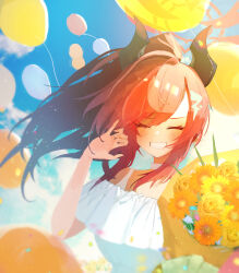 1girl absurdres alternate_costume balloon bare_shoulders blue_archive blush bouquet closed_eyes demon_girl demon_horns dress flower grin hand_in_own_hair highres holding holding_bouquet horns long_hair looking_at_viewer megu_(blue_archive) norio_(norio386) ponytail red_hair sidelocks smile white_dress yellow_flower