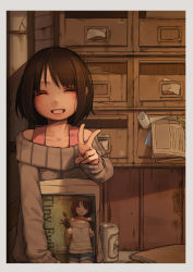 Rule 34 | 1girl, beer can, blouse, blue shirt, blush, brown hair, can, demon girl, denim, denim shorts, drink can, highres, looking at viewer, mailbox, miyu (tiny evil), muk (monsieur), pointy tail, shirt, shorts, solo, standing, sweater, tail, tiny evil, v