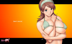Rule 34 | 1girl, action pizazz, between breasts, bikini, bikini top only, breasts squeezed together, breasts, brown hair, hairband, highres, huge breasts, jewelry, looking at viewer, mature female, official art, official wallpaper, ring, saigado, solo, swimsuit, wallpaper, wedding band