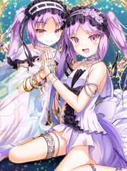 Rule 34 | 2girls, anklet, armlet, blush, choker, dress, euryale (fate), fate/grand order, fate/hollow ataraxia, fate (series), halo, headband, highres, jewelry, kasaran, legs, long hair, looking at viewer, multiple girls, necklace, open mouth, panties, purple eyes, purple hair, purple panties, see-through, siblings, sisters, sitting, smile, stheno (fate), tagme, thighs, twins, twintails, underwear, wariza, white dress