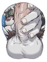 Rule 34 | 1boy, ainu clothes, animal ears, bara, blush, erection, furry, furry male, grey fur, grey hair, headband, horkeu kamui, looking at viewer, male focus, male masturbation, masturbation, mousepad (medium), muscular, muscular male, penis, rossciaco, solo, sweat, testicle mousepad, tokyo houkago summoners, two-tone fur, unfinished, veins, veiny penis, wolf boy, wolf ears, yellow eyes