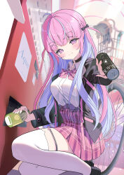 Rule 34 | 1girl, absurdres, bad perspective, bicycle, black footwear, black jacket, blazer, blue hair, bottle, bow, bowtie, breasts, can, cat hair ornament, cat o-ring, choker, commentary, english text, giving, hair ornament, highres, holding, holding bottle, holding can, hololive, jacket, jinbei (user tpny4757), light blue hair, looking at viewer, medium breasts, minato aqua, minato aqua (school uniform), multicolored hair, o-ring, o-ring choker, open clothes, open jacket, outdoors, pink bow, pink bowtie, pink eyes, pink hair, pink skirt, plaid, plaid bow, plaid bowtie, plaid skirt, pleated skirt, shoes, skirt, smile, solo, squatting, thigh strap, thighhighs, two-tone hair, two side up, vending machine, virtual youtuber, white thighhighs, x hair ornament