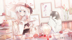 Rule 34 | 1girl, a20 (atsumaru), blue eyes, blush, bread, cake, cake slice, cat, closed mouth, commentary request, cup, cupcake, flower, food, hat, hat flower, hat ornament, large hat, long hair, long sleeves, looking at viewer, macaron, official art, original, pink headwear, sitting, tea, teacup, virtual youtuber, white hair