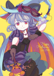 Rule 34 | 1girl, animal ears, cape, disguise, ears through headwear, grey hair, halloween, hat, iris anemone, looking at viewer, mouse (animal), mouse ears, nazrin, puffy pants, puffy short sleeves, puffy sleeves, red eyes, short sleeves, smile, solo, touhou, witch, witch hat