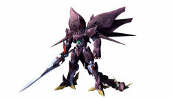 Rule 34 | banpresto, full body, mecha, no humans, official art, robot, simple background, solo, standing, super robot wars, super robot wars the lord of elemental, sword, tail, weapon, wings, zelvoid