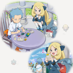 Rule 34 | 1boy, 1girl, :d, ^ ^, absurdres, aged down, black dress, blonde hair, cartridge, chair, closed eyes, commentary request, creatures (company), cynthia (pokemon), cyrus (pokemon), dress, eyelashes, game boy, game freak, gen 4 pokemon, gible, grass, grey eyes, hair ribbon, handheld game console, highres, holding, long hair, musical note, nintendo, open mouth, orange footwear, pokemoa, pokemon, pokemon (anime), pokemon (creature), pokemon journeys, repairing, ribbon, rotom, rotom (normal), rotom (other), screwdriver, shirt, short sleeves, sitting, smile, socks, sprite, squatting, table, tearing up, tongue, translation request, white shirt, white socks, wire