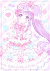 Rule 34 | 1girl, blunt bangs, blush, bow, closed mouth, commentary request, diagonal stripes, dress, frilled dress, frills, hand up, heart, heart background, himetsuki luna, index finger raised, long hair, manaka non, pink bow, pretty series, pripara, puffy short sleeves, puffy sleeves, purple eyes, purple hair, short sleeves, side ponytail, sidelocks, smile, solo, spoken heart, striped, striped background, very long hair, white dress, wrist cuffs