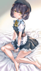 Rule 34 | 1girl, aldehyde, apron, barefoot, bed sheet, beret, black hair, black hat, black skirt, black vest, blush, bow, closed mouth, commentary request, facial mark, frilled apron, frilled skirt, frills, hair between eyes, hat, highres, horns, looking at viewer, original, pleated skirt, puffy short sleeves, puffy sleeves, shirt, short sleeves, skirt, smile, solo, vest, white apron, white shirt, yellow bow, yellow eyes